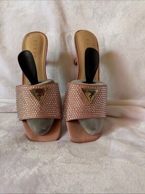 GUESS Blush Pink Crystal-Studded Slide Mules